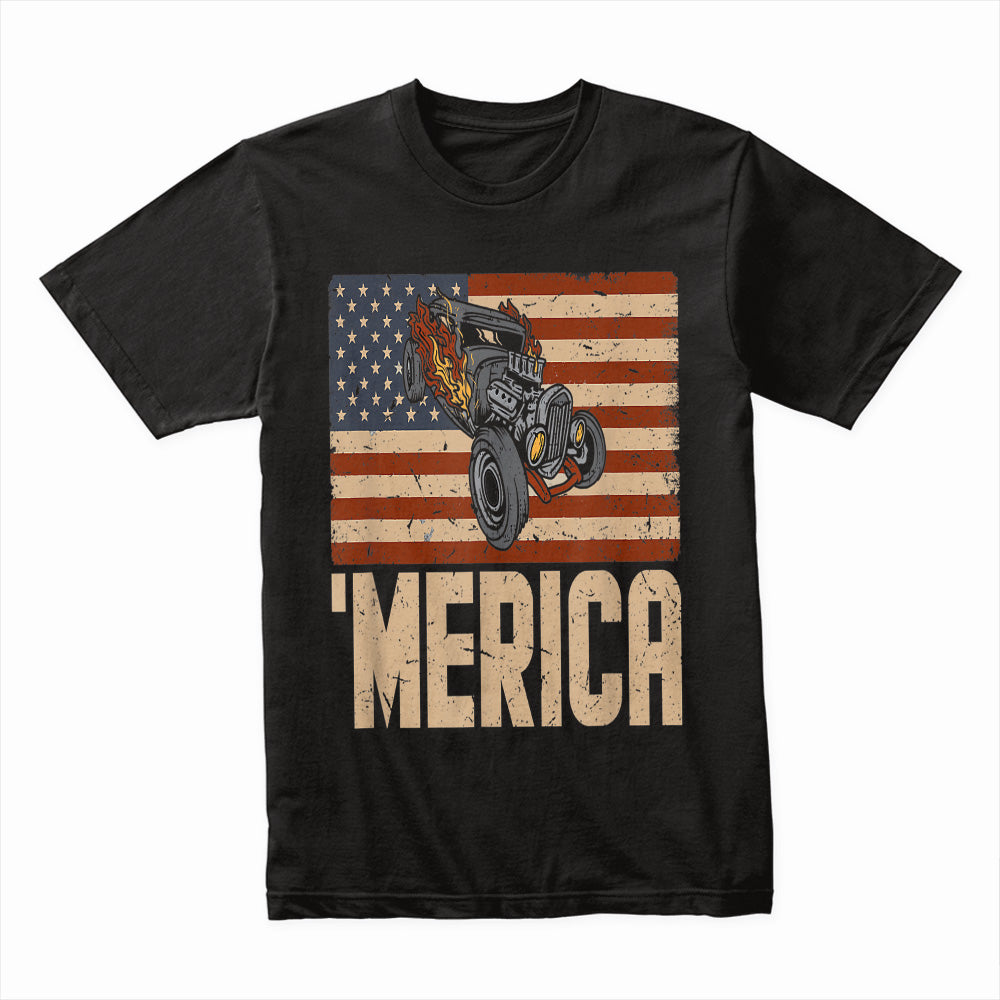 MERICA Hot Rod T-Shirt – Vintage American Flag & Muscle Car Design