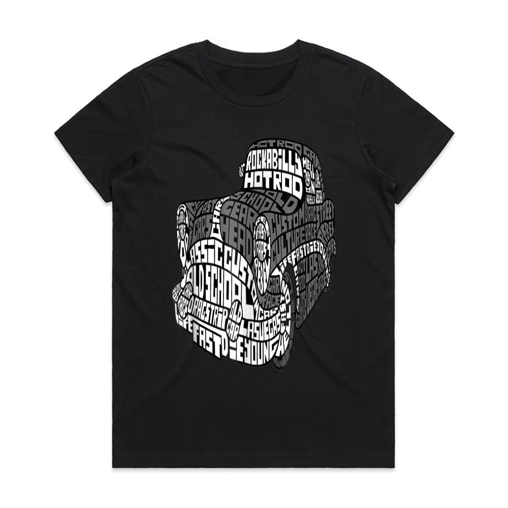 Vintage Hot Rod Word Art T-Shirt | Old School Garage Design for Car Enthusiasts