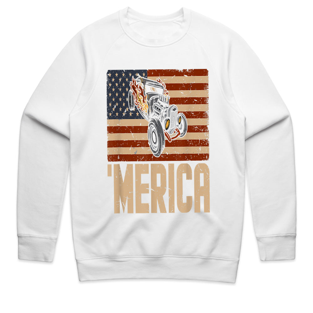 MERICA Hot Rod T-Shirt – Vintage American Flag & Muscle Car Design