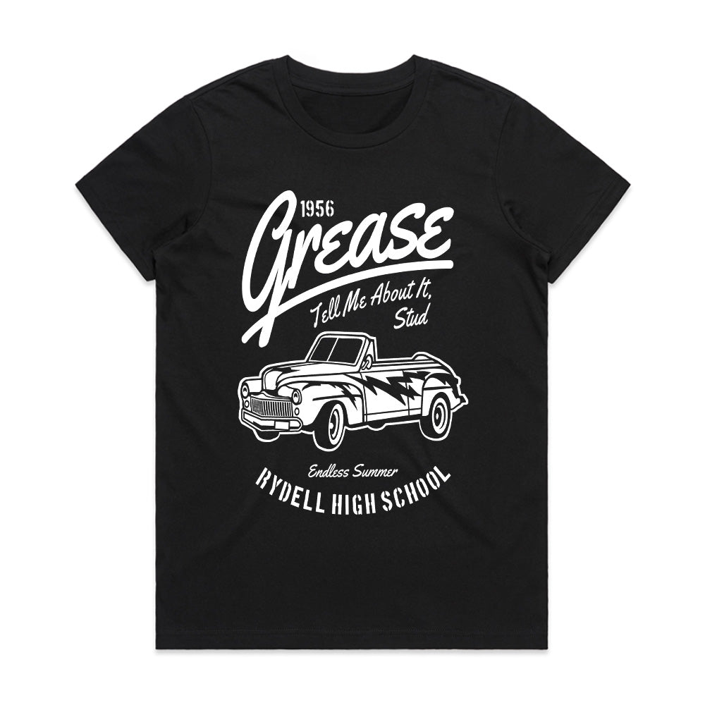 1956 Grease Movie T-Shirt | 'Tell Me About It, Stud' Vintage Car Design