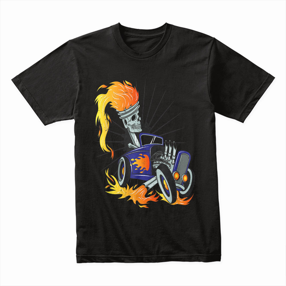 Skeleton Hot Rod T-Shirt – Flaming Piston Head Driver & Vintage Muscle Car Design