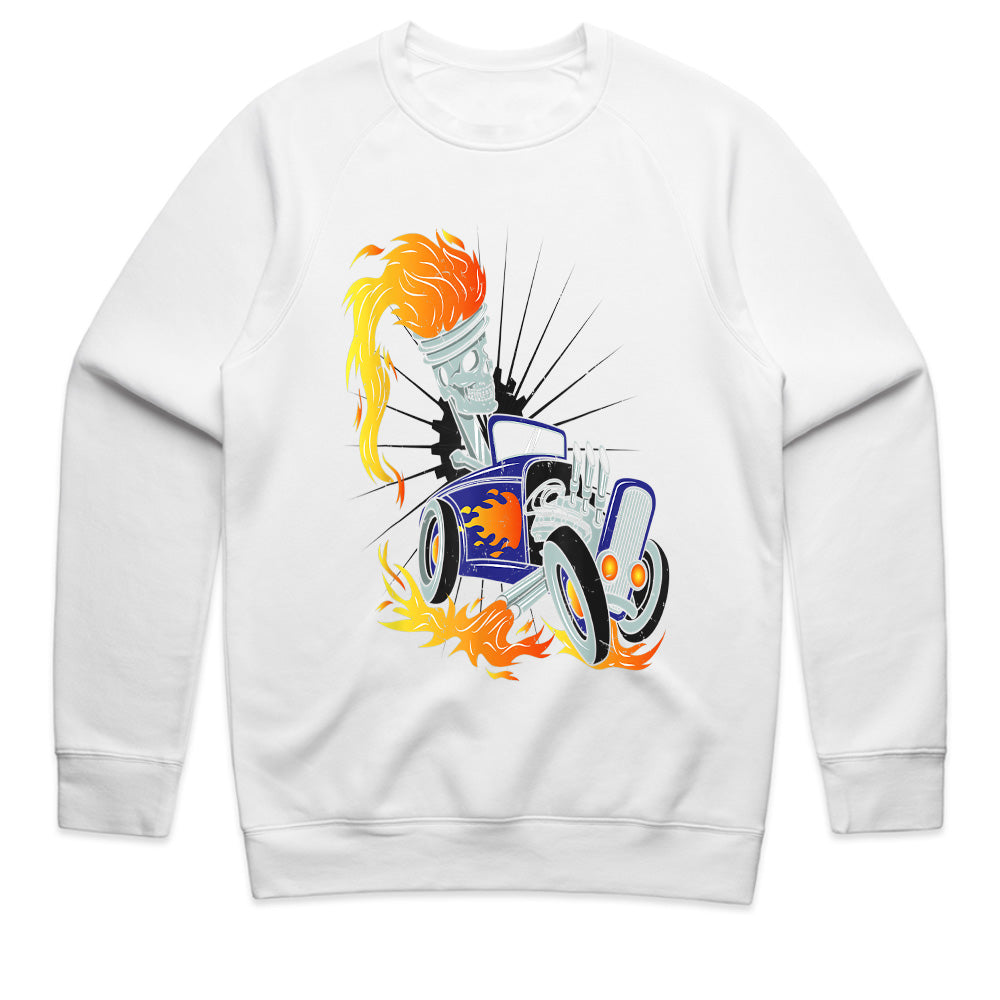 Skeleton Hot Rod T-Shirt – Flaming Piston Head Driver & Vintage Muscle Car Design