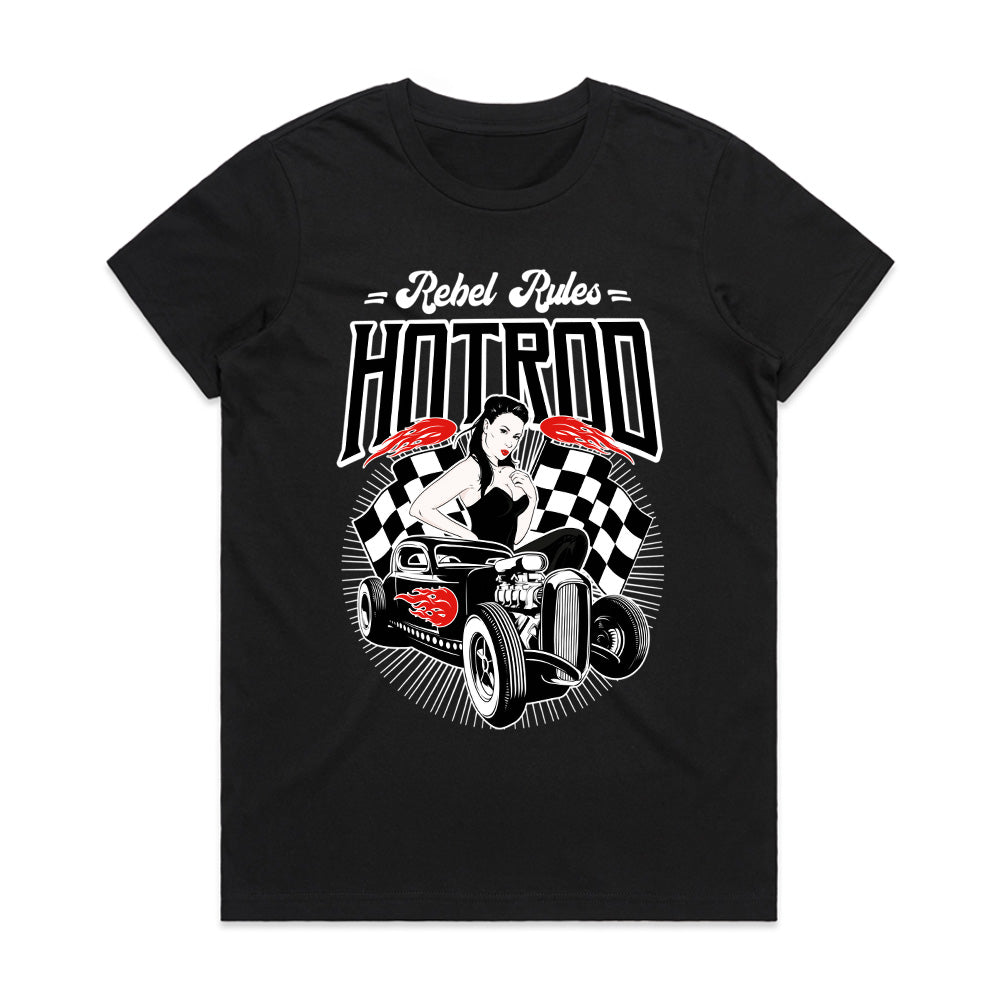 Rebel Rules Hot Rod Rockabilly T-Shirt – Vintage Classic Car & Pin-Up Girl Design
