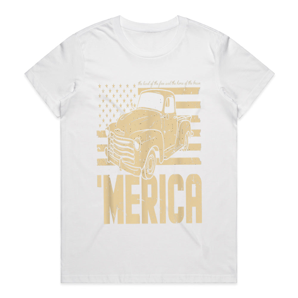 MERICA Vintage Truck T-Shirt – Classic American Flag & Retro Pickup Design