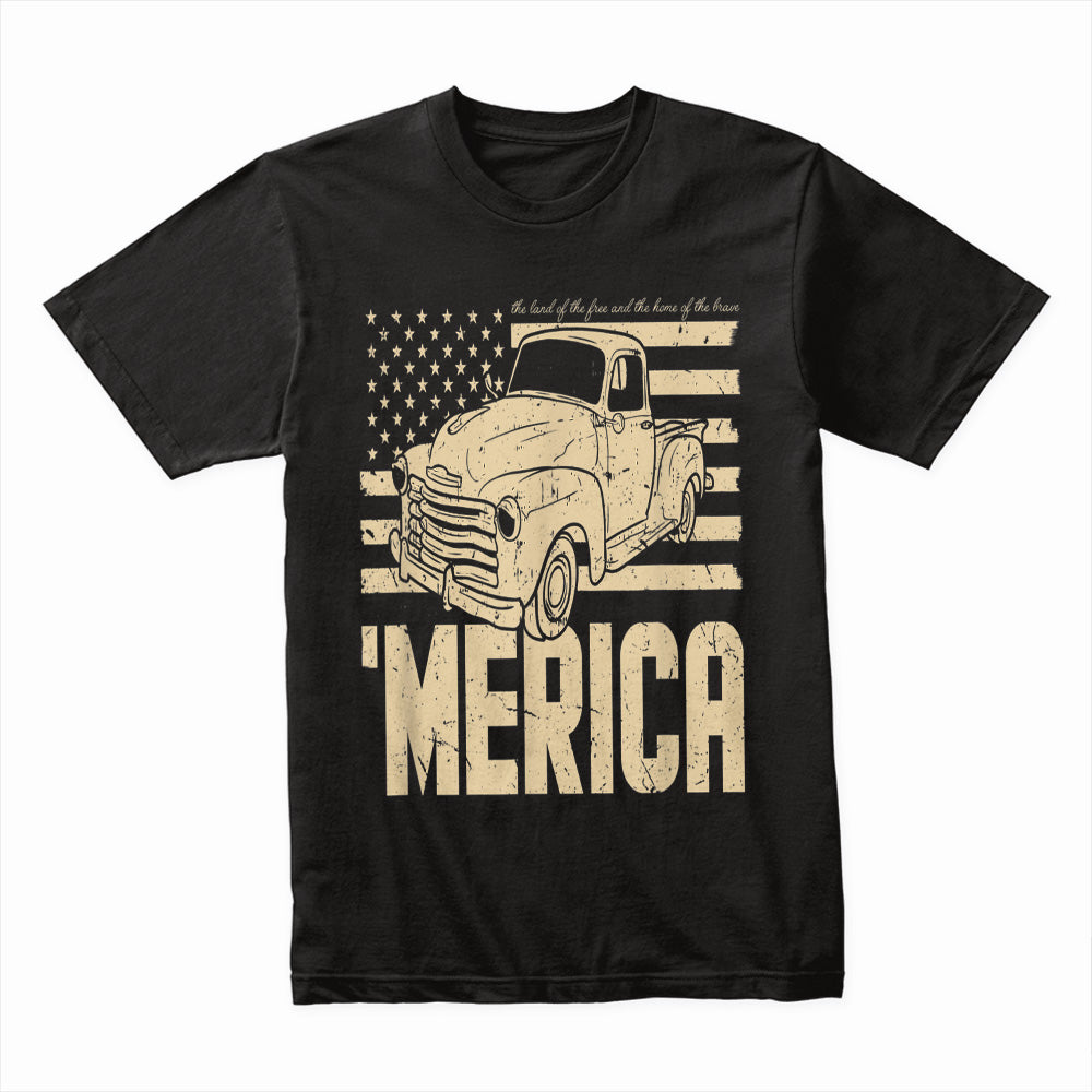 MERICA Vintage Truck T-Shirt – Classic American Flag & Retro Pickup Design