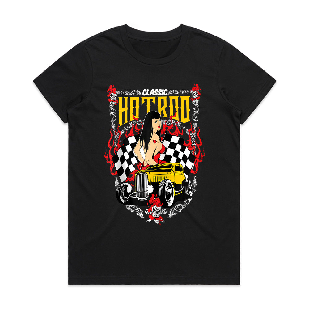 Classic Hot Rod Pin-Up T-Shirt – Vintage Rockabilly Racing Style Tee