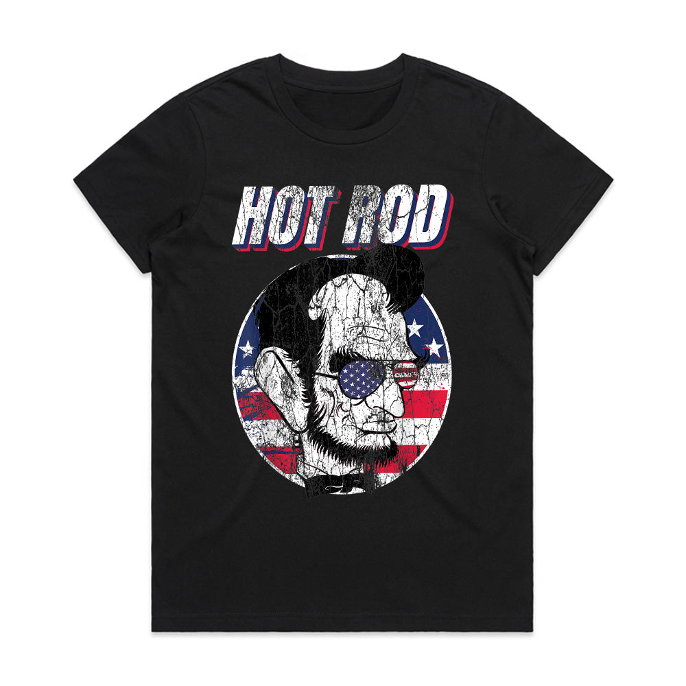 Hot Rod Abraham Lincoln T-Shirt – Patriotic Vintage Muscle Car & USA Flag Tee