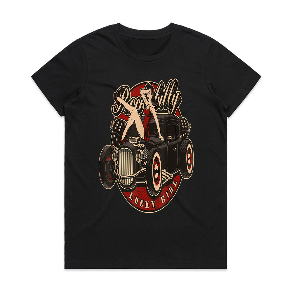 Rockabilly Lucky Girl Hot Rod T-Shirt – Vintage Pin-Up & Classic Car Retro Tee