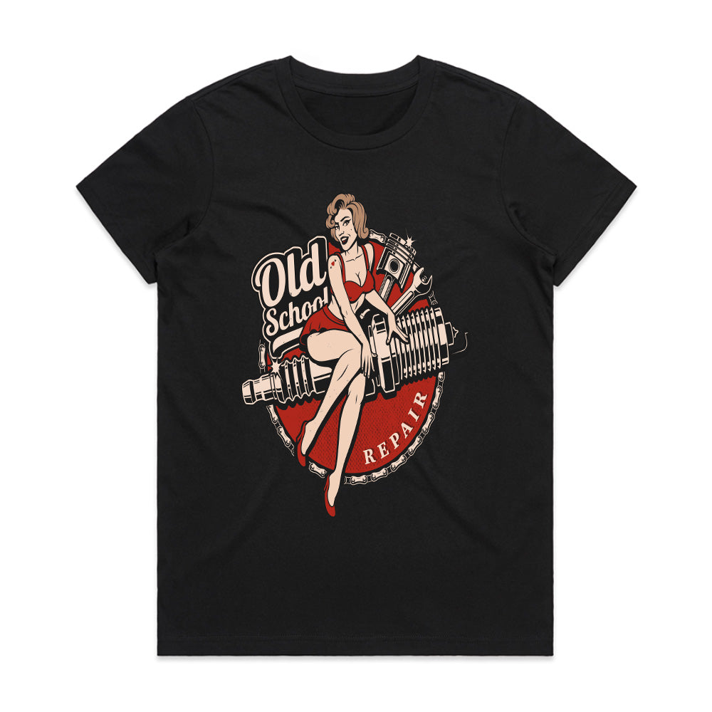 Old School Repair Pin-Up T-Shirt – Vintage Rockabilly Garage & Hot Rod Tee