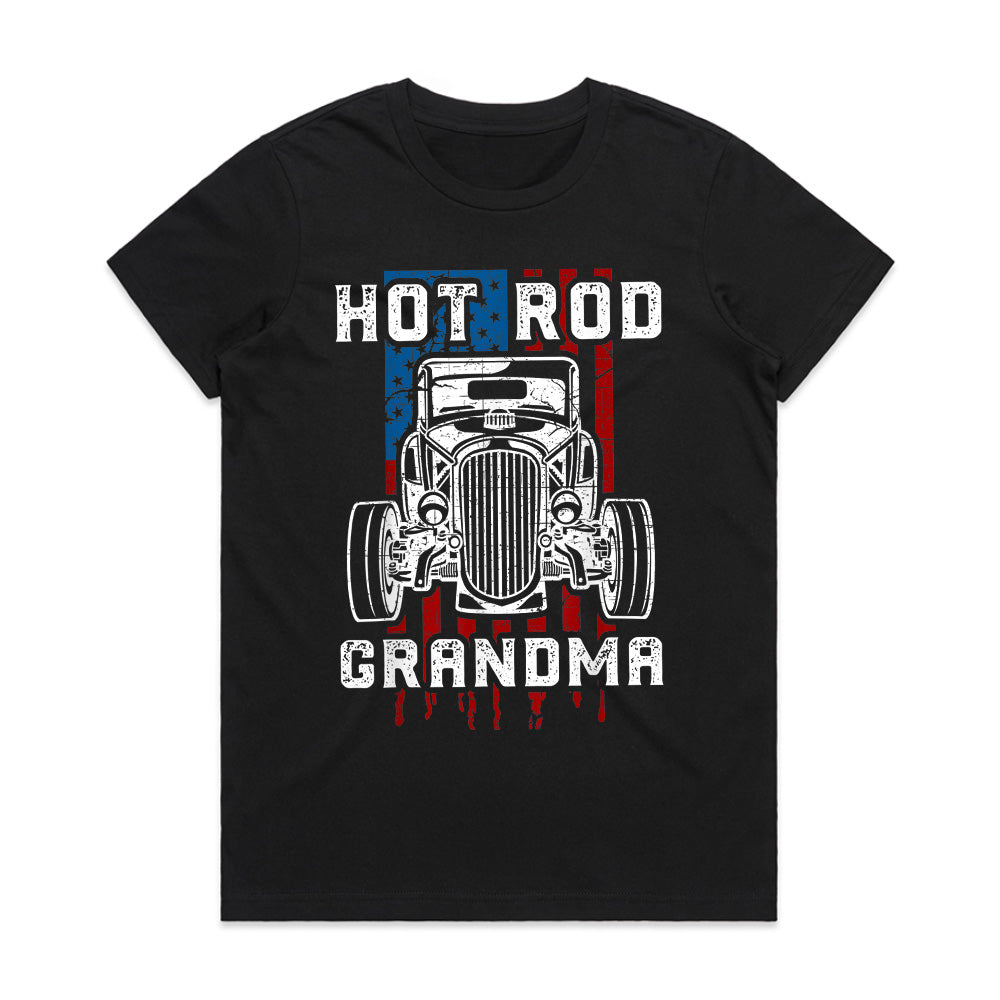 Hot Rod Grandma T-Shirt – Vintage Car & American Flag Muscle Car Tee