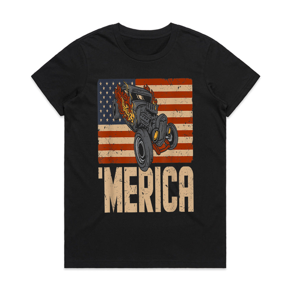 MERICA Hot Rod T-Shirt – Vintage American Flag & Muscle Car Design