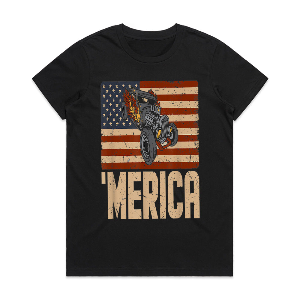 MERICA Hot Rod T-Shirt – Vintage American Flag & Muscle Car Design