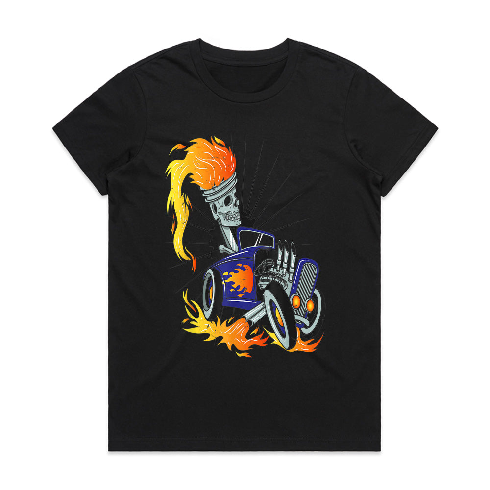 Skeleton Hot Rod T-Shirt – Flaming Piston Head Driver & Vintage Muscle Car Design