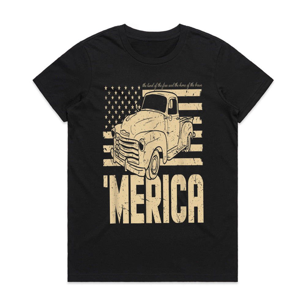 MERICA Vintage Truck T-Shirt – Classic American Flag & Retro Pickup Design