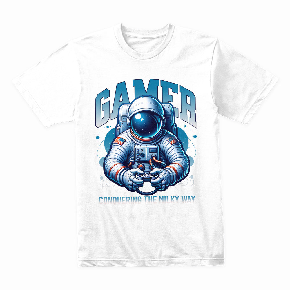 Astronaut Gamer T-Shirt – "Conquering the Milky Way" Space Gaming Tee