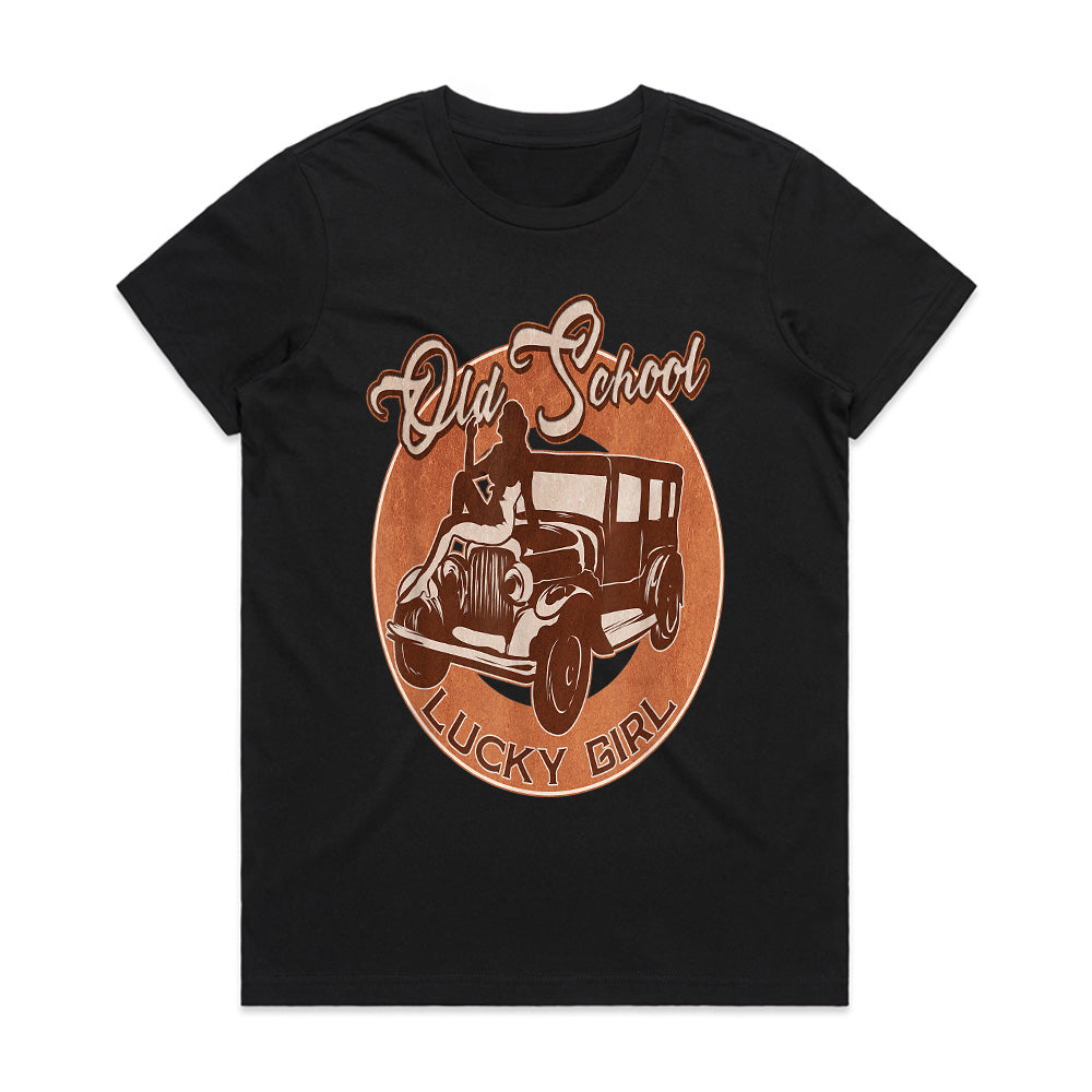 Old School Lucky Girl Hot Rod T-Shirt – Vintage Classic Car Lover’s Tee