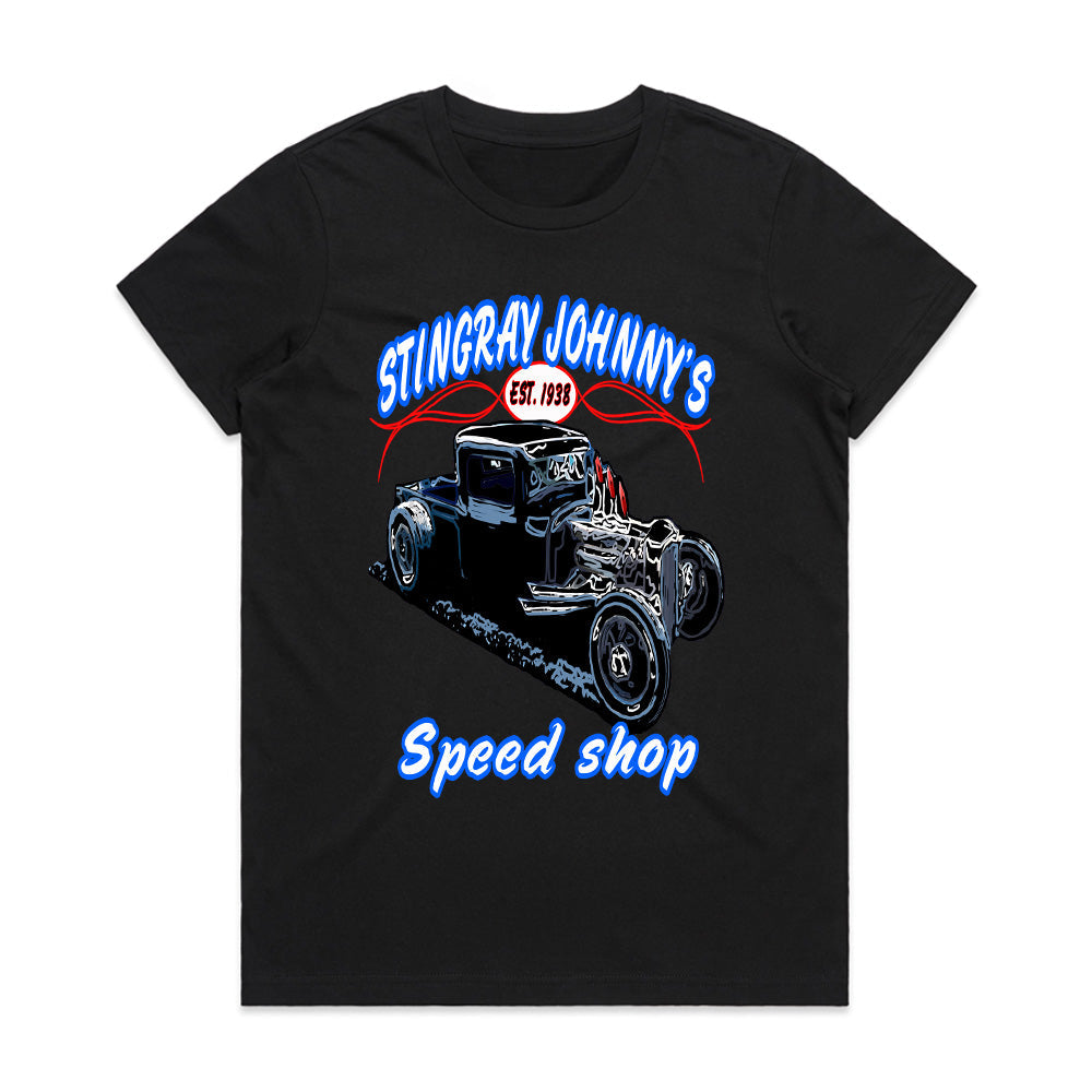 Stingray Johnny’s Speed Shop – Vintage Hot Rod Rat Rod T-Shirt