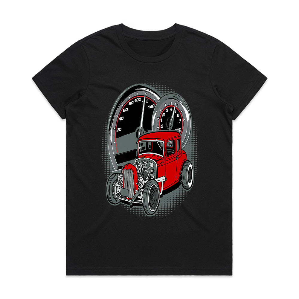 Red Rat Rod Speedometer Tee – Vintage Hot Rod Street Racing T-Shirt