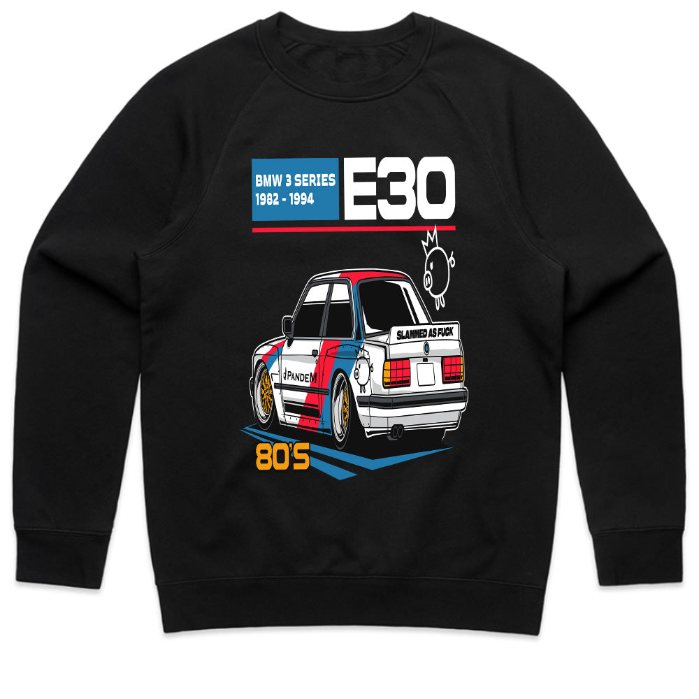 BMW E30 Retro Slammed Stance – 80s JDM-Inspired Graphic T-Shirt