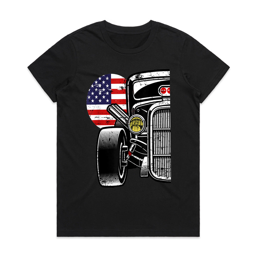 🇺🇸 Vintage Hot Rod T-Shirt – Classic American Flag Muscle Car Enthusiast Tee