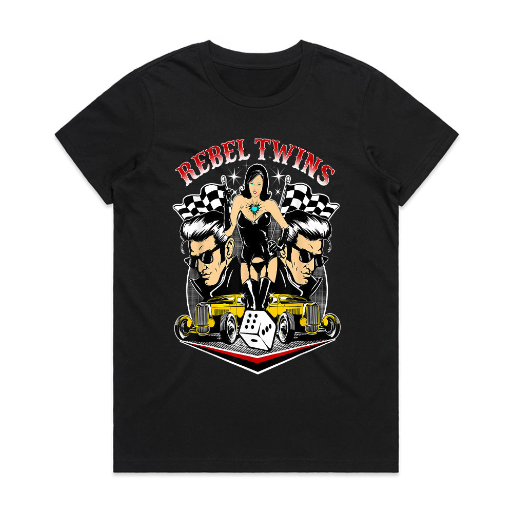 Rebel Twins Rockabilly Hot Rod T-Shirt – Vintage Pinup Car Enthusiast Tee