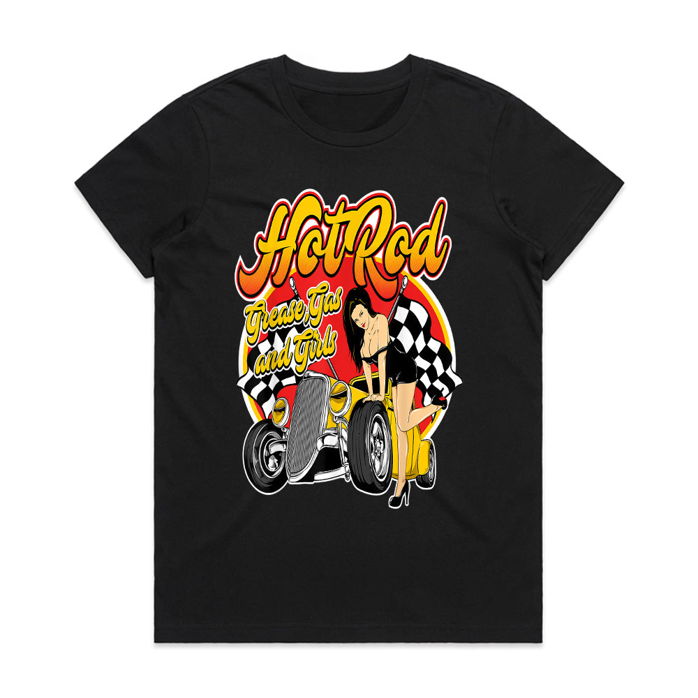 Hot Rod Pin-Up T-Shirt – Grease, Gas & Girls Vintage Rockabilly Car Tee
