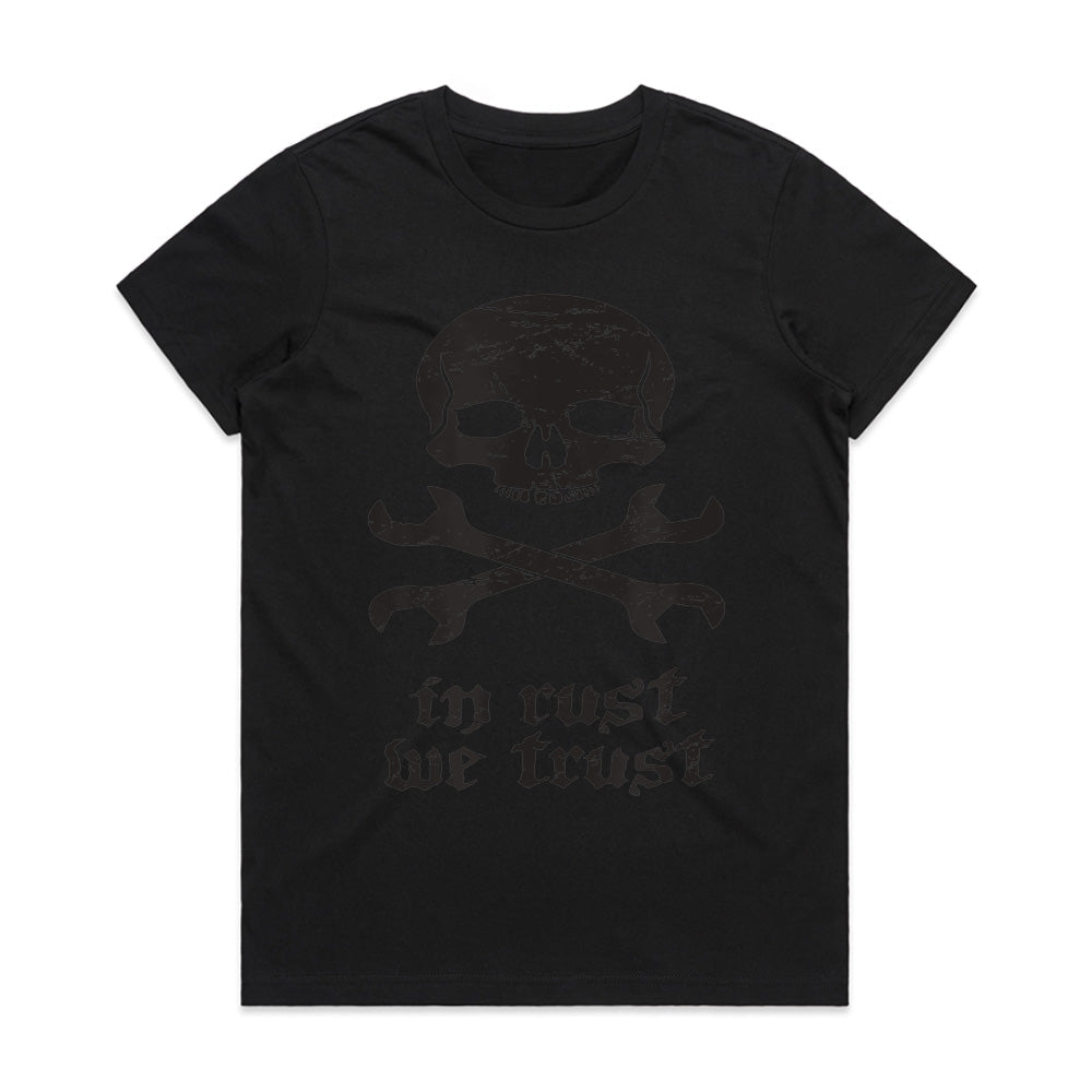 In Rust We Trust T-Shirt – Skull & Crossed Wrenches Mechanic Design