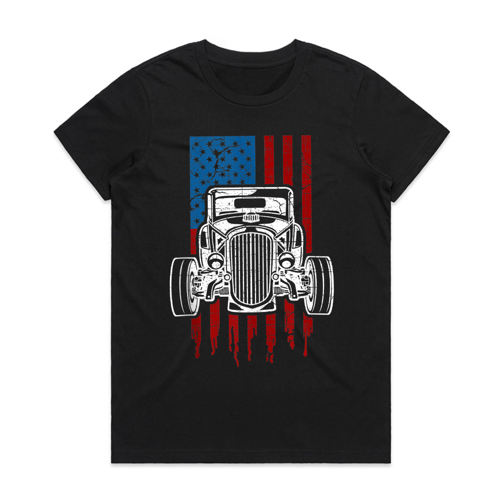 American Hot Rod – Classic Car USA Flag T-Shirt"