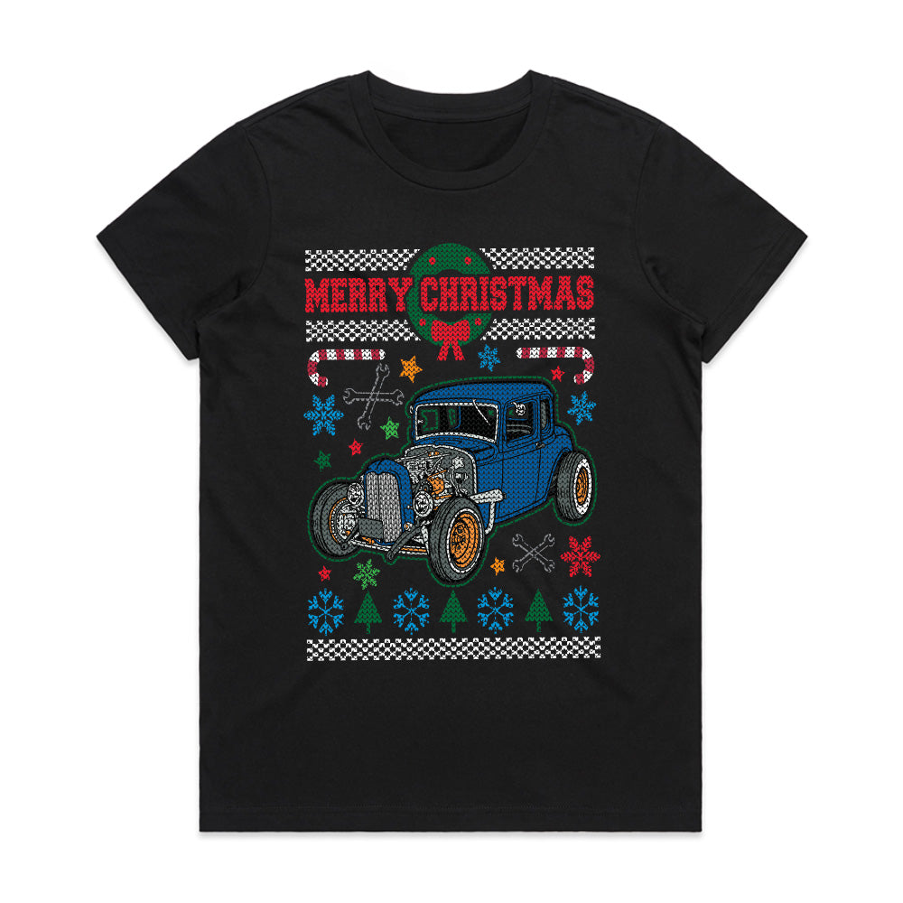 Vintage Hot Rod Ugly Christmas Sweater T-Shirt – Classic Car Holiday Gift