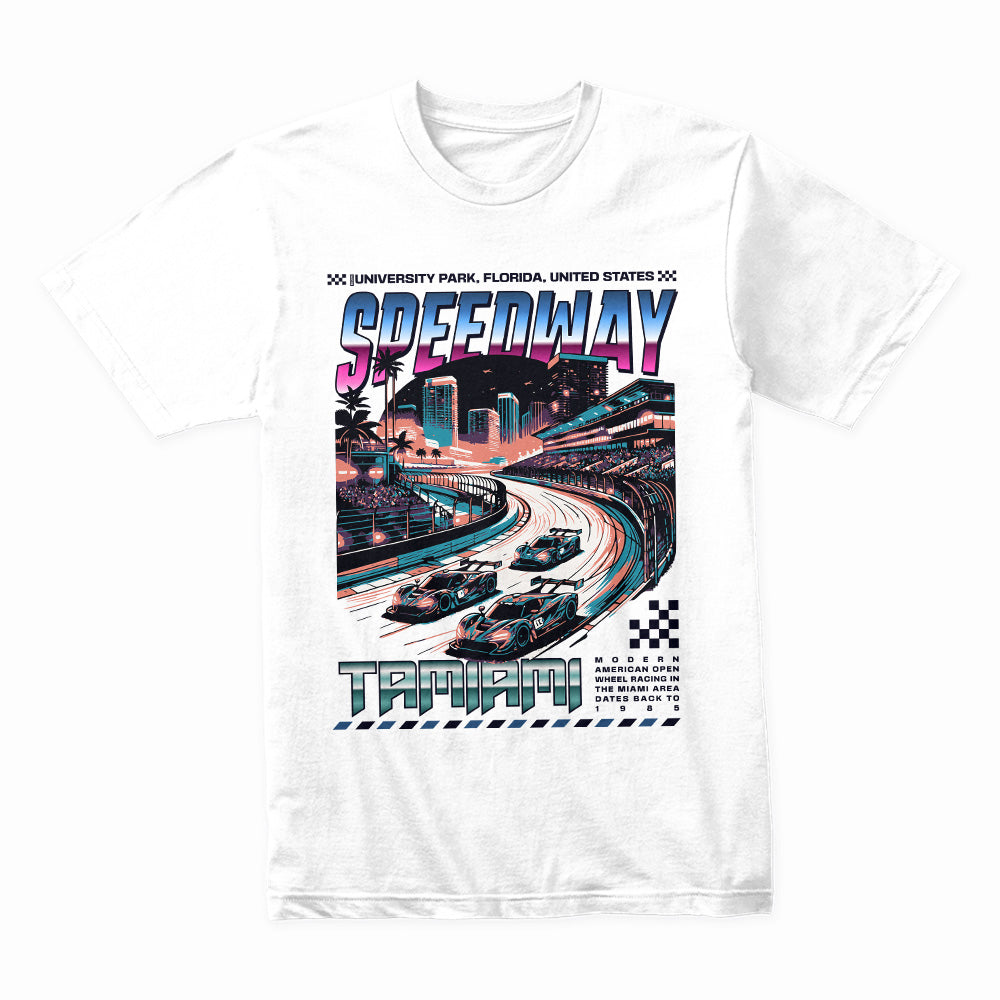 TAMIAMI SPEEDWAY Racing T-Shirt – Retro Miami Night Drive