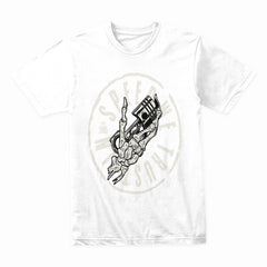 Speed Demon – Skeleton Hand & Piston Racer T-Shirt