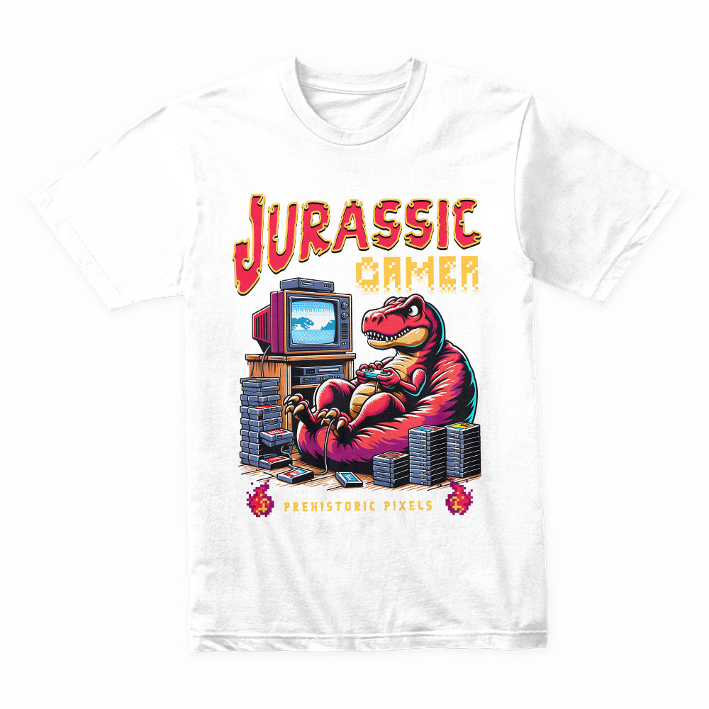 Jurassic Gamer T-Shirt – Prehistoric Pixels Retro Gaming Tee