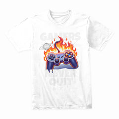 "Gamers Never Quit" T-Shirt - Fiery Gaming Controller Design