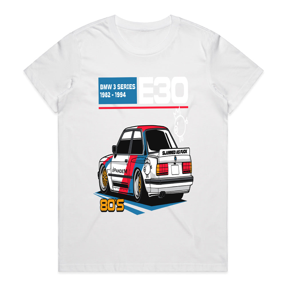 BMW E30 Retro Slammed Stance – 80s JDM-Inspired Graphic T-Shirt