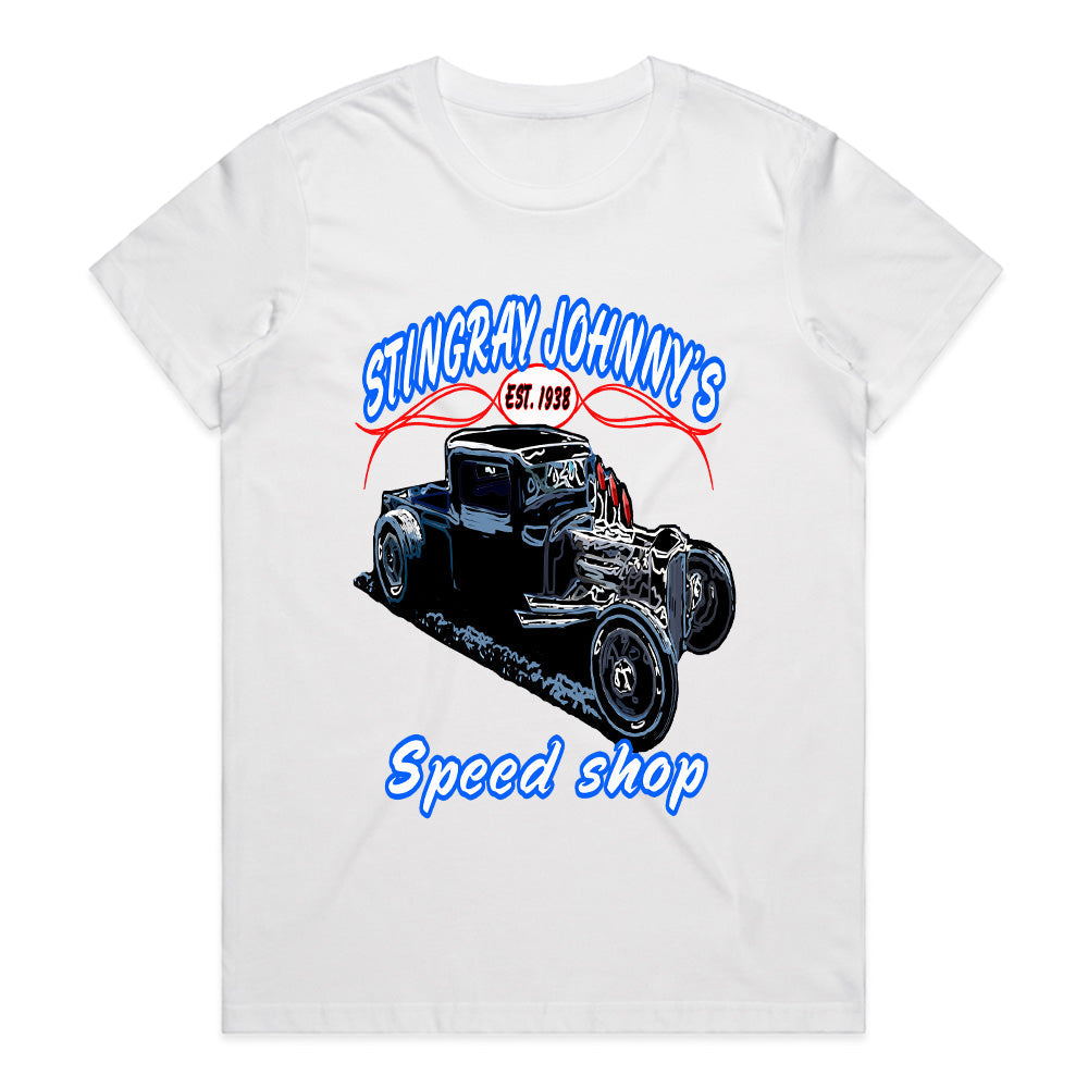 Stingray Johnny’s Speed Shop – Vintage Hot Rod Rat Rod T-Shirt