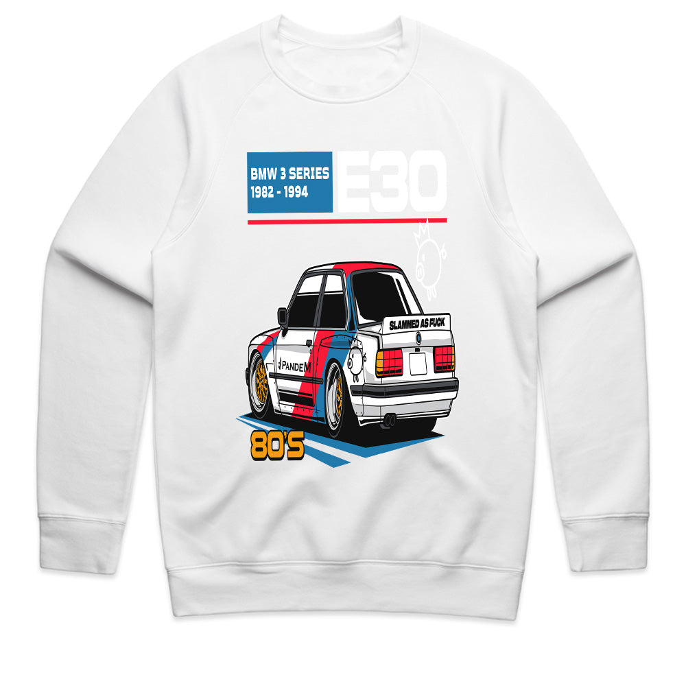 BMW E30 Retro Slammed Stance – 80s JDM-Inspired Graphic T-Shirt