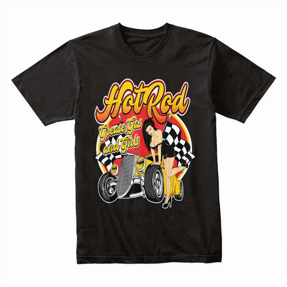 Hot Rod Pin-Up T-Shirt – Grease, Gas & Girls Vintage Rockabilly Car Tee