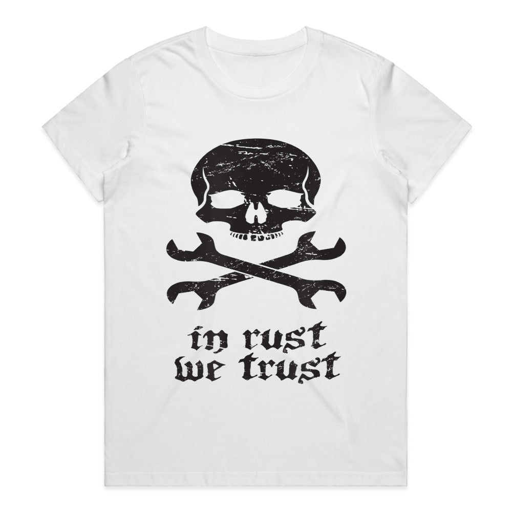 In Rust We Trust T-Shirt – Skull & Crossed Wrenches Mechanic Design