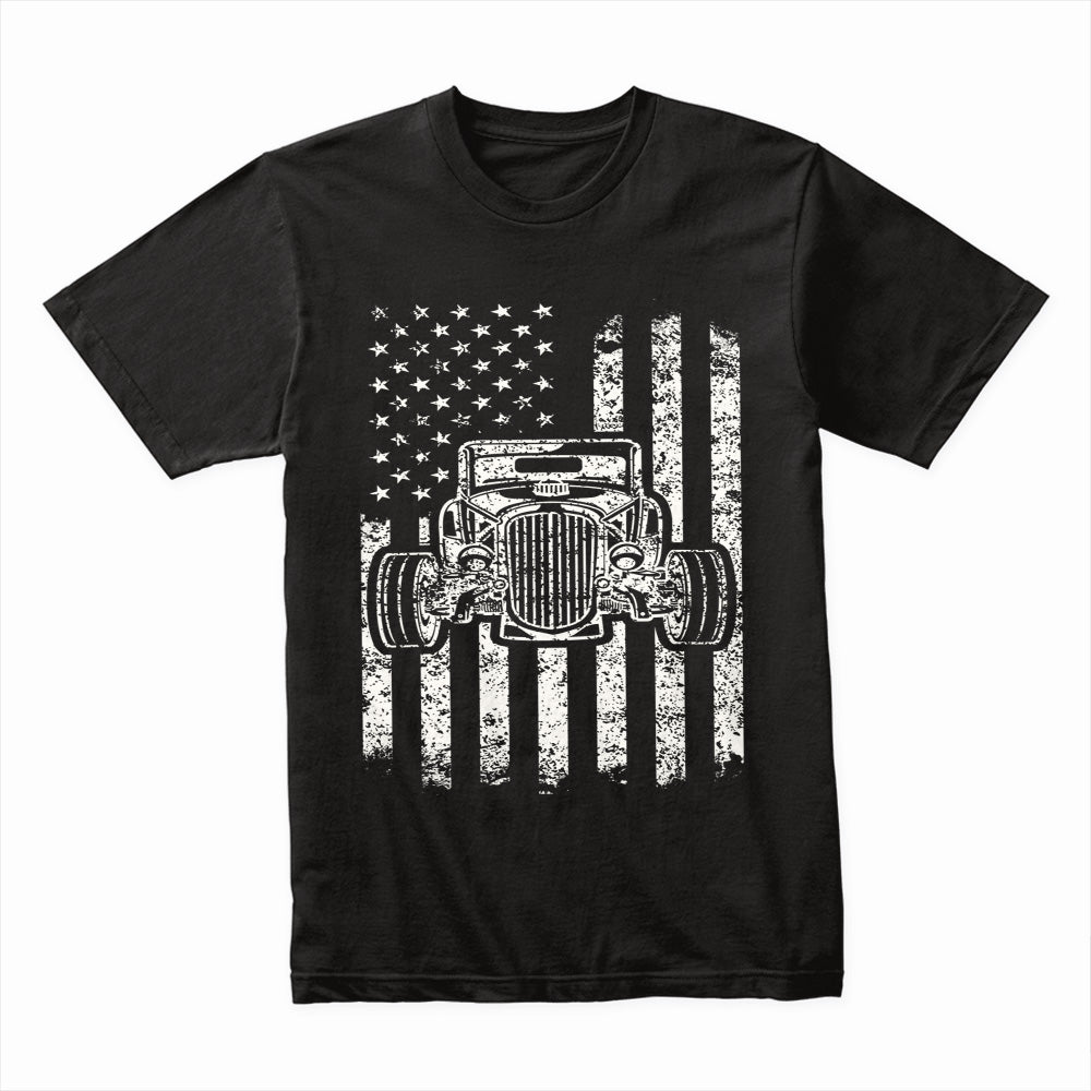 🇺🇸 Vintage USA Flag Hot Rod T-Shirt – Classic American Muscle Car Pride!