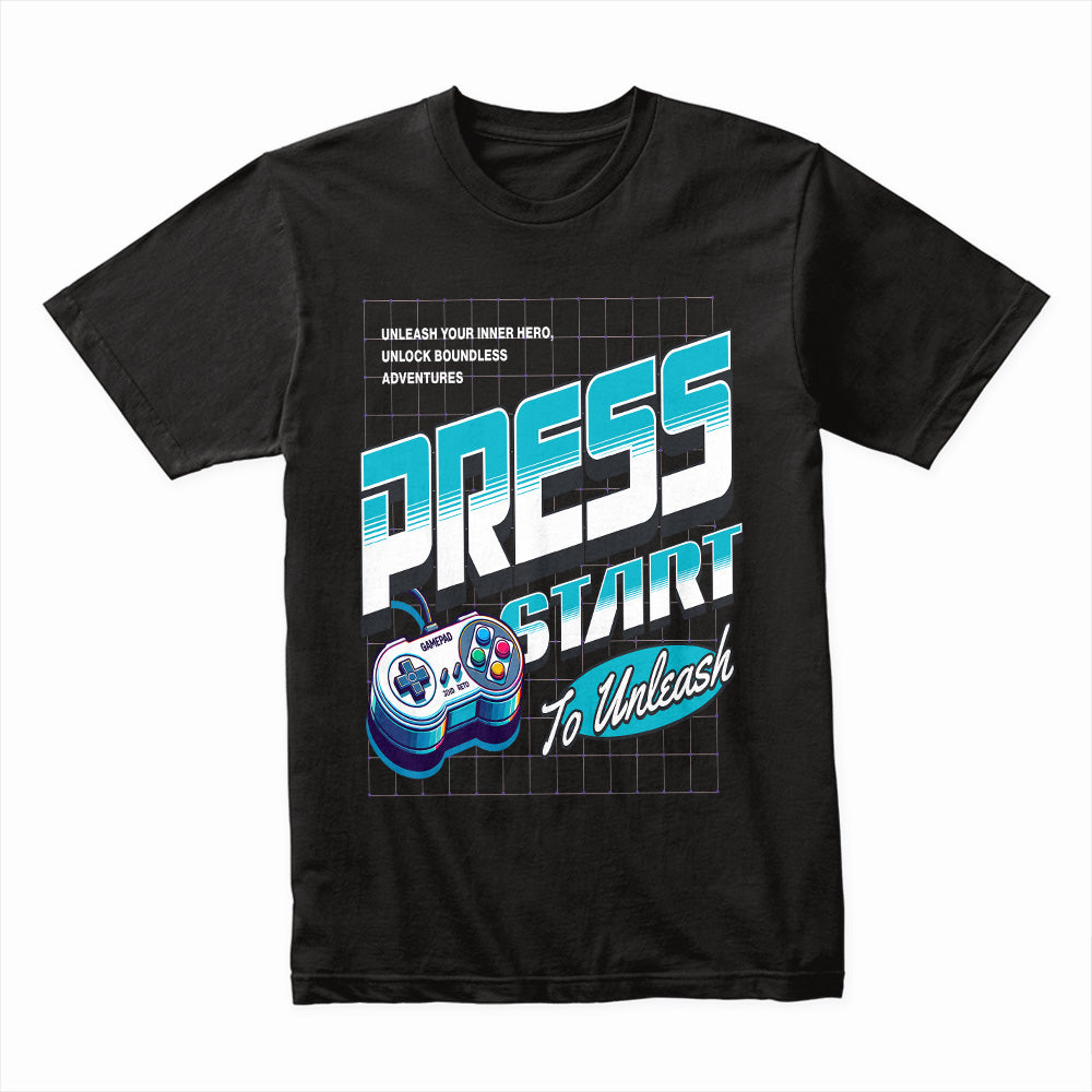 "Press Start to Unleash – Retro Gaming Adventure T-Shirt"