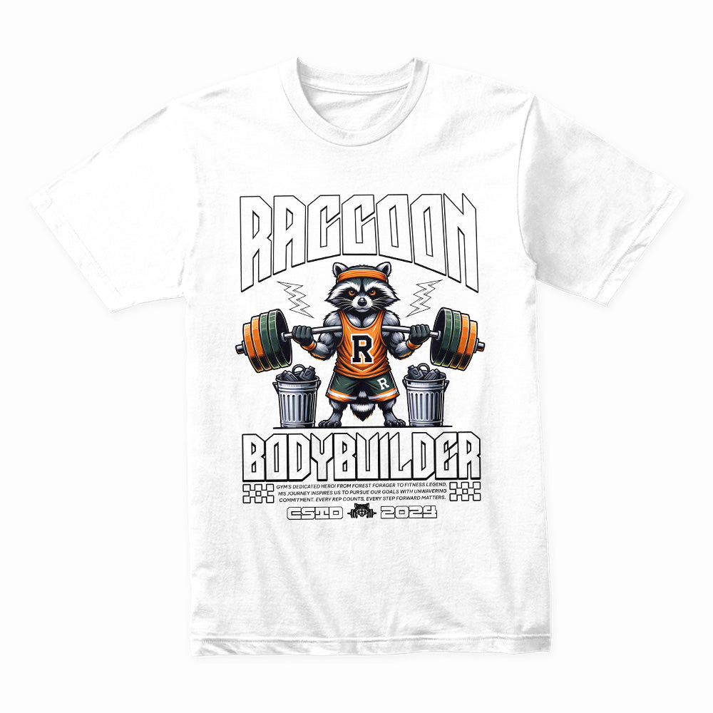 Raccoon Bodybuilder Gym Tee – Funny Fitness & Powerlifting Workout Shirt