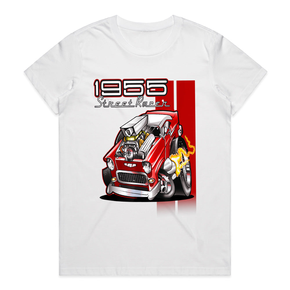 1955 Hot Rod Street Racer T-Shirt – Vintage 50s Muscle Car Cartoon Tee