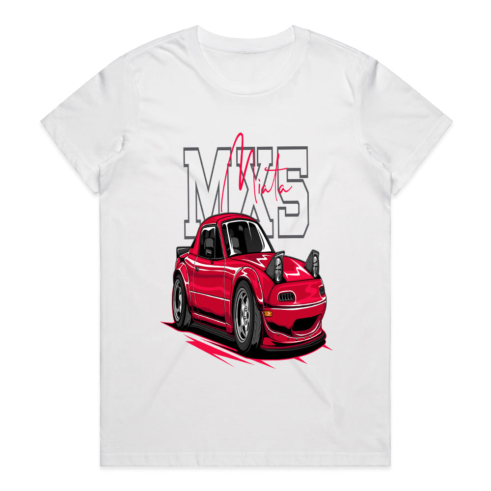 "White Mazda MX-5 Miata JDM Car Graphic T-Shirt – Classic NA Roadster Design"