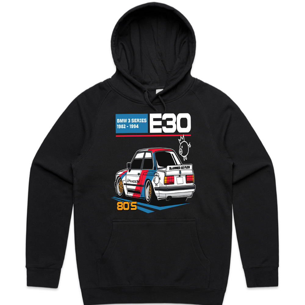 BMW E30 Retro Slammed Stance – 80s JDM-Inspired Graphic T-Shirt