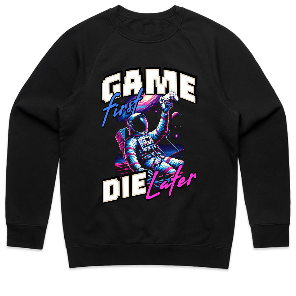 Game First, Die Later T-Shirt – Neon Astronaut Gamer Aesthetic
