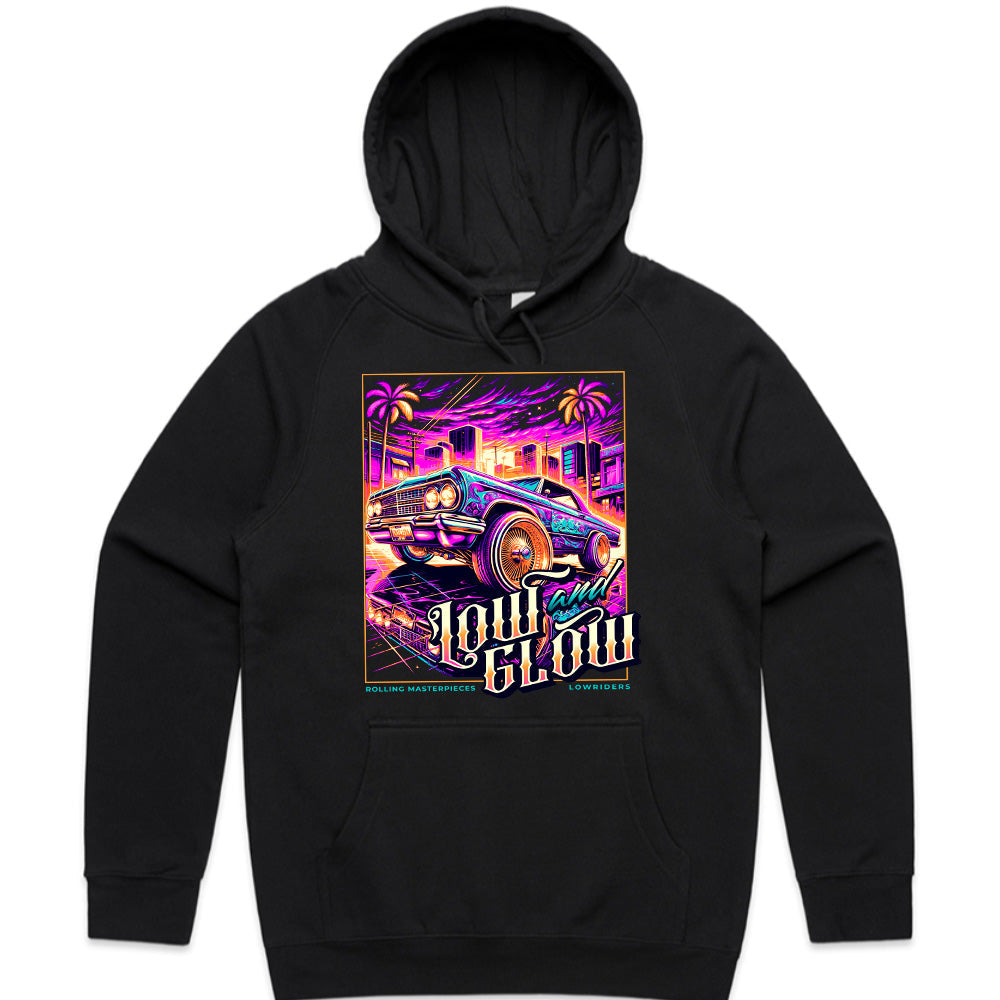 Low and Glow Lowrider T-Shirt – Neon City Vibes & Classic Cruising