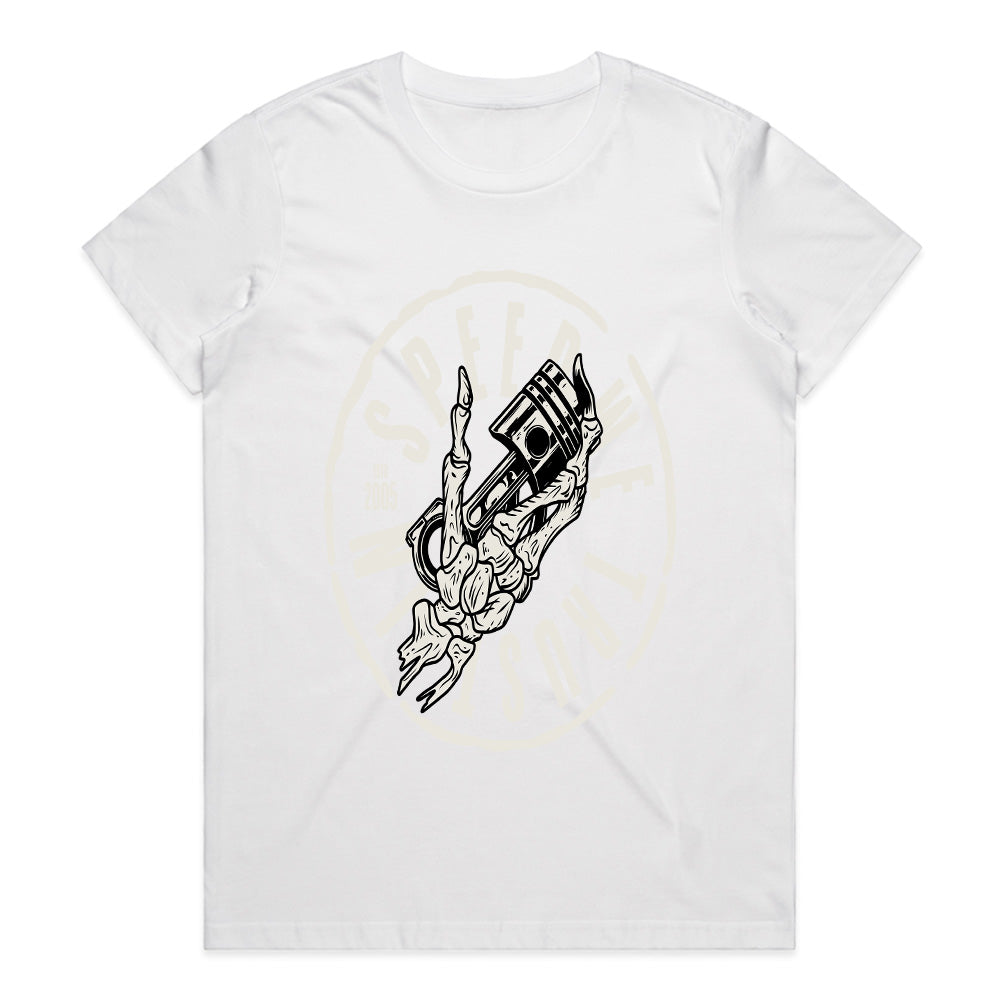 Speed Demon – Skeleton Hand & Piston Racer T-Shirt
