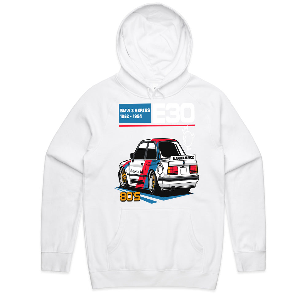 BMW E30 Retro Slammed Stance – 80s JDM-Inspired Graphic T-Shirt