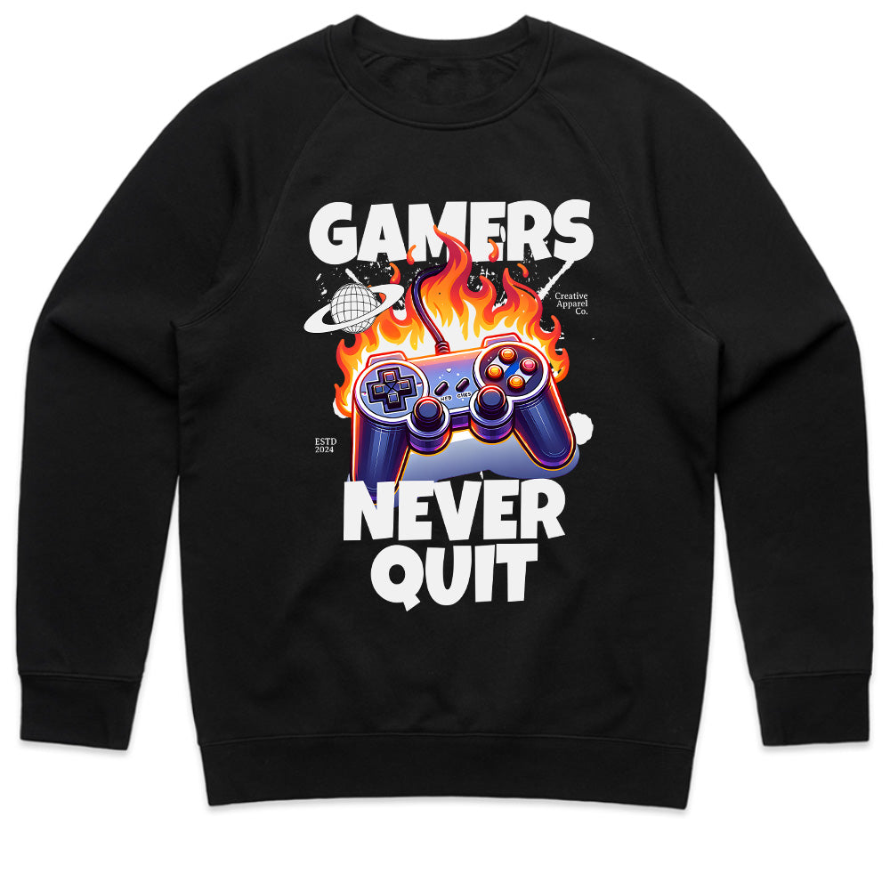 "Gamers Never Quit" T-Shirt - Fiery Gaming Controller Design