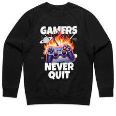 "Gamers Never Quit" T-Shirt - Fiery Gaming Controller Design